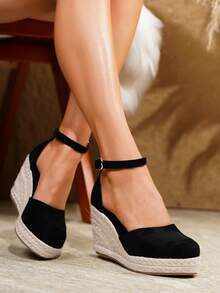 Women's Comfortable Non-Slip Round Toe Wedge Platform Slip-On Shoes, Spring/Summer - Black - View 8