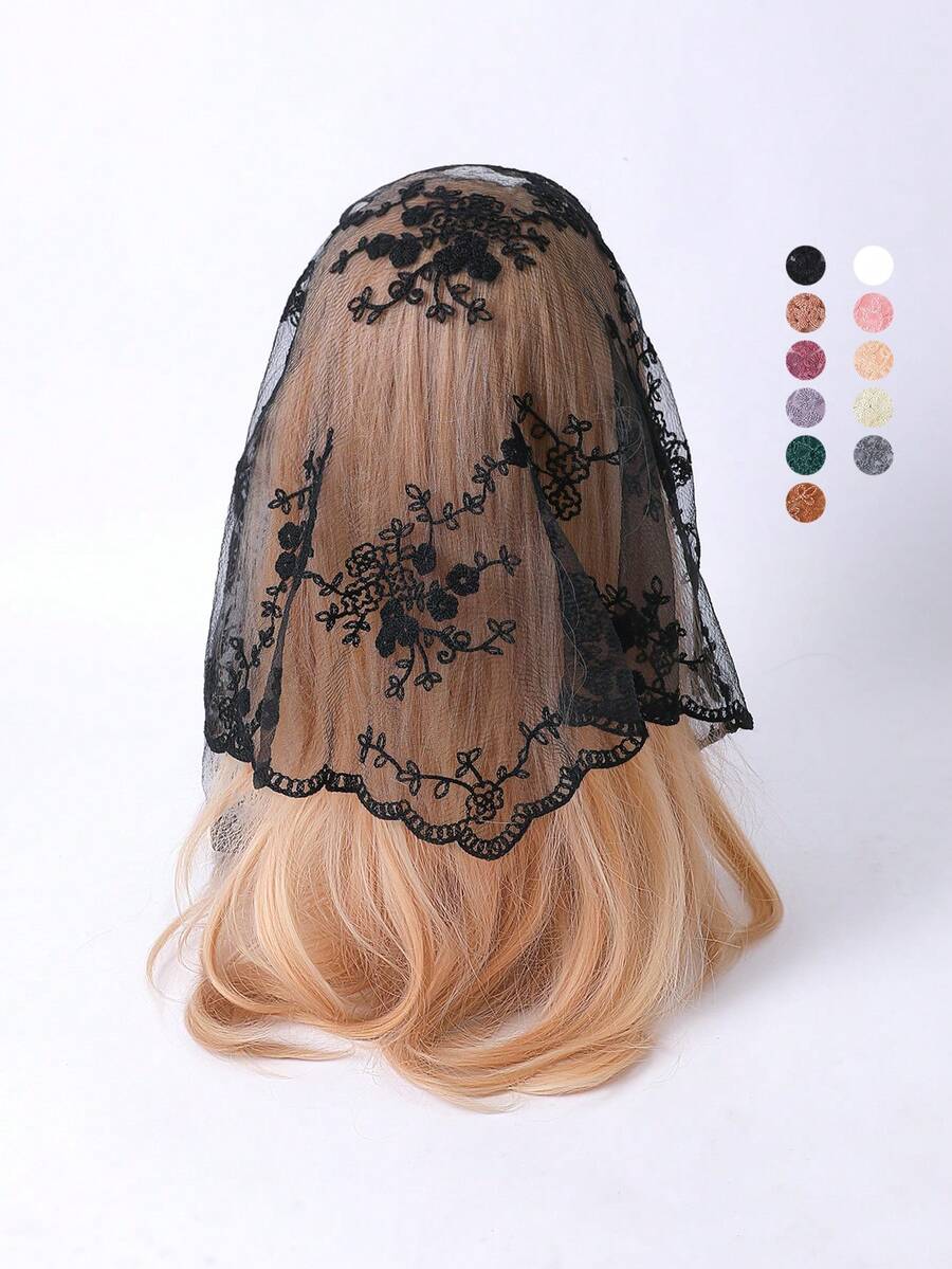 1条女士纯色蕾丝花卉刺绣三角巾，优雅新款头巾，适合春、夏、秋季佩戴 - 彩色 - 查看 1