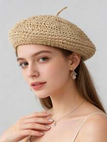 1pc Grass Woven Beret Women's Hollow-Out Breathable Thin Design, Sweet And Cute Versatile Retro Artistic Painter Hat Grass Woven Beret Hat - Multicolor - View 2