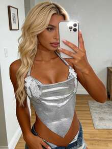 Womens Sexy Sparkly Chain Top Metallic Sequin Rhinestone Halter Backless Crop Outfit Party Club Tank Shirt - Silver - View 5