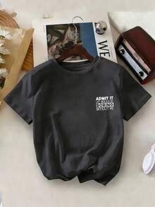 Young Boy Casual Graphic Print Crew Neck Short Sleeve T-Shirt, Summer Top - Dark Grey - View 5