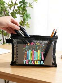 Teacher Theme Mesh Cosmetic Bag, Floral Design With "Teacher" Text, Transparent Mesh Storage Pouch, Teacher Makeup Bag, Toiletry Bag, Teacher's Day Gift, Cosmetic Storage Pouch, Portable Toiletry Organizer - Multicolor - View 8