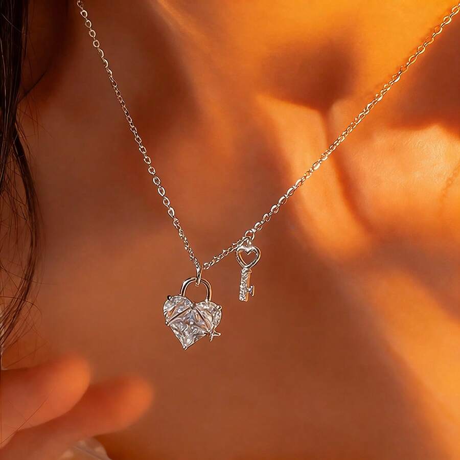 1pc S925 Silver Luxury Heart Lock Design Pendant Necklace With Sparkling Zirconia, Elegant Everyday Wear Jewelry, Quality Gift For Loved One - Silver - View 1