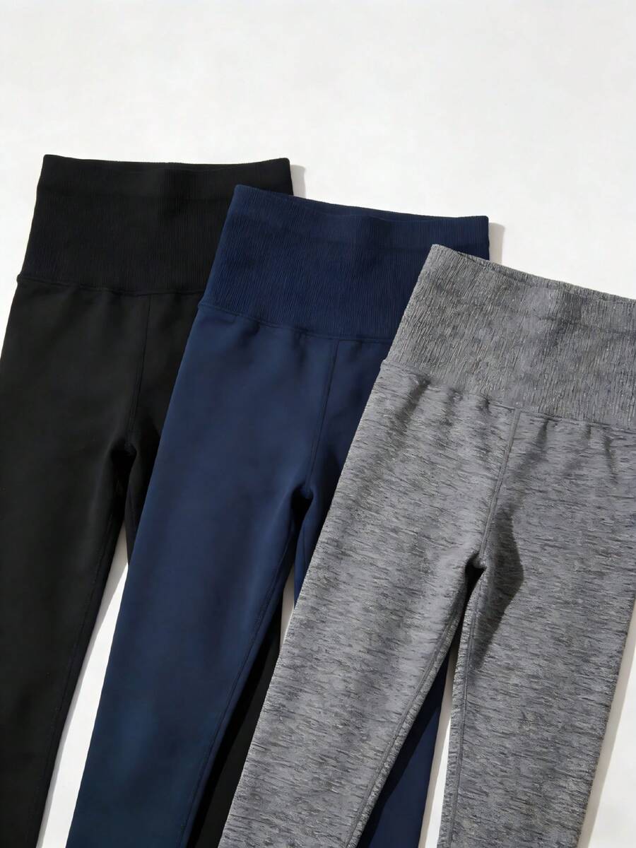 3Pcs Women High Waist Yoga Leggings With Pockets, Hip Lifting Quick-Drying Sports Pants For Running (Black/Navy/Linen Gray) - 海軍藍 + 亞麻灰 + 黑色 - 查看 1