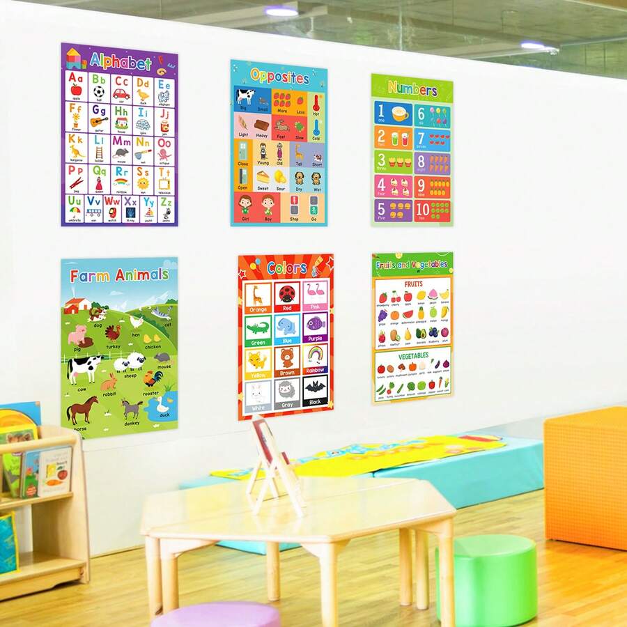 4pcs Early Learning Poster Set, Suitable For Kindergarten Classroom Decor, Including Alphabet, Numbers, Fruits, Vegetables, Farm Animals, Color Contrast, Montessori Educational Materials (A3 Size 42*29cm) - Multicolor - View 1