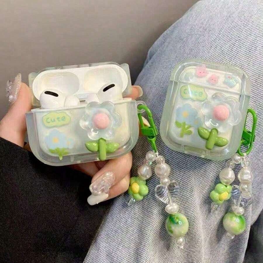 1pc Floral Soft Case For AirPods Pro 2 - Aesthetic Pastel Pink & Green Flower Print Cover With Bead Lanyard, Spring Design Shell For AirPods 4 3 2 1, Lovely Girly Gift - 小型新鮮綠花 - 查看 1