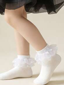 2 Pairs Cotton Girls' Solid Color Mesh Socks With Double Lace, Suitable For Dance Party - Multicolor - View 3
