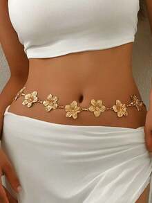 1pc Vintage Fashion Personalized Metal 3D Five-Petal Flower Splice Waist Chain, Bohemian High-End Versatile Dress Chain Waistband, Suitable Women In Any Occasion - 黃金5 - 查看 3