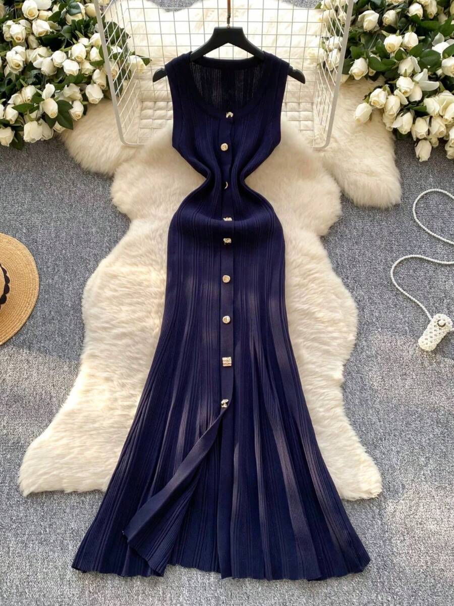 女士优雅休闲针织吊带连衣裙，简约时尚通勤风，U领显瘦设计，纯色修身针织长裙，精致优雅的穿搭，女士街头时尚，假日派对礼服，夏季户外穿着 - 藏蓝色 - 查看 1