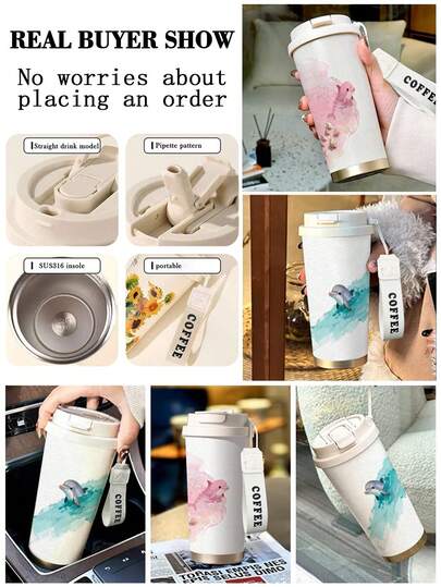 520ml Cute Colorful Painted Stainless Steel Vacuum Insulated Water Bottle, Large Capacity Double Straw, High-Quality Portable Travel Mug, Coffee Cup For Office, Car, Birthday Gift With Wrist Strap