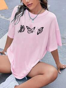 Women's Minimalist Butterfly Graphic T-Shirt, Crew Neck Short Sleeve Tee, Cotton Casual Oversized Loose Fit Simple Print Everyday Summer Casual Top - 粉色 - 查看 1