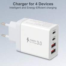 40W 4口USB充电器，多功能欧标适配器，2A2C USB-C快充插头（支持PD和QC协议），墙式适配器（适用于多种设备），便携式旅行多USB充电器（兼容、安卓等） - 查看 2