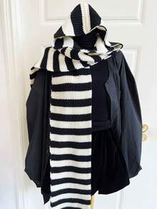 1件黑白条纹针织围巾披肩，百搭学院风肩部披肩，温暖秋冬配饰 - 彩色 - 查看 9