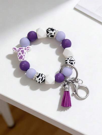 1pc Fashion Cow Pattern Cow Head Silicone Beaded Wristlet Keychain For Girls Gift Glitter Rhinestone Beads Key Rings Car Keys Holder Fashion Bag Charm Accessory