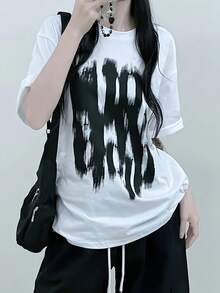 Women'S Casual Oversized Graphic Print T-Shirt - Loose Fit, Short Sleeve, Round Neck, Black & White Design, Summer Essential For Casual Attire, Summer Casual Wear| Relaxed Fit Top| Stylish Pullove - 白色 - 查看 7