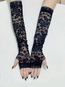 1 双性感蕾丝女士半指手套，轻质透明网眼长袖臂套，适合夏季防紫外线和高性能 - 彩色 - 查看 5