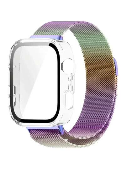 Set de 2 piezas: Correa de reloj de bucle milanés magnético de color iridiscente de acero inoxidable y estuche protector de PC duro con protector de pantalla compatible con Huawei Fit 3/4/4 Pro, correa de malla metálica transpirable y cubierta protectora completa para mujeres y hombres