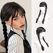 Black Straight Wig With Bangs - High Temperature Resistant Synthetic Wig, Braided Wig Whole Piece, Suitable For Cosplay, Halloween And Daily Wear - Black - View 3