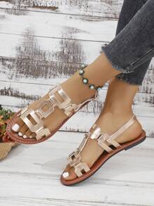 Women's Rivet Hollow-Out Comfortable Flat Sandals, Gladiator Sandals, Summer, Solid Color Bohemian PU Leather Rivet Buckle Flat Sandals For Beach - Champagne - View 4
