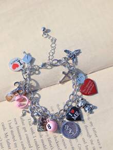 1条俏皮风格手链，自爱标语手链，复古泰迪熊蝴蝶结手链，星座纪念手链，趣味耳机音乐派对手链，蛇形友谊手链 - 銀色 - 查看 3