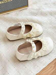 女童珍珠蝴蝶结鞋，洛丽塔风格软底防滑公主鞋，儿童春秋季小皮鞋 - 米色 - 查看 6