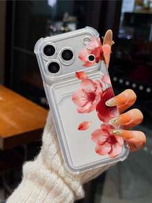 Half Red Flower TPU Transparent Shockproof Phone Case, Compatible With IPhone 17 Pro, 16/16 Pro Max, 15, 11, 12, 13, 14, XR, XS, Pro, Max, 13 Pro Max, 15 Plus, 17, 17 Pro Max, Mini, Card Holder, Photo Slot, Holiday Gift - Clear - View 4