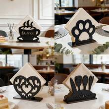 1/4pcs Black Hollow Wooden Napkin Holder With Coffee, Paw Print, Heart And Cutlery Patterns, Suitable For Kitchen, Dining Room, Living Room, Cafe And Minimalist Home Decor - Multicolor - View 3