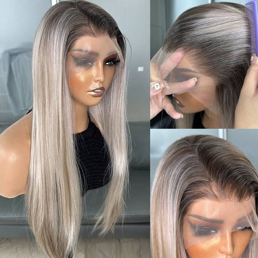 Kanekalon Futura Ombre Gold 13x6 Synthetic Lace Front Wig, 22 Inches Long Straight Hair, No Glue Needed, Kanekalon Material, Durable Synthetic Fiber, Free Parting, 150% Density, High Definition Transparent, Easy To Wear, Heat Resistant Fiber, Suitable For Women's Daily, Party, Vacation And Other Occasions