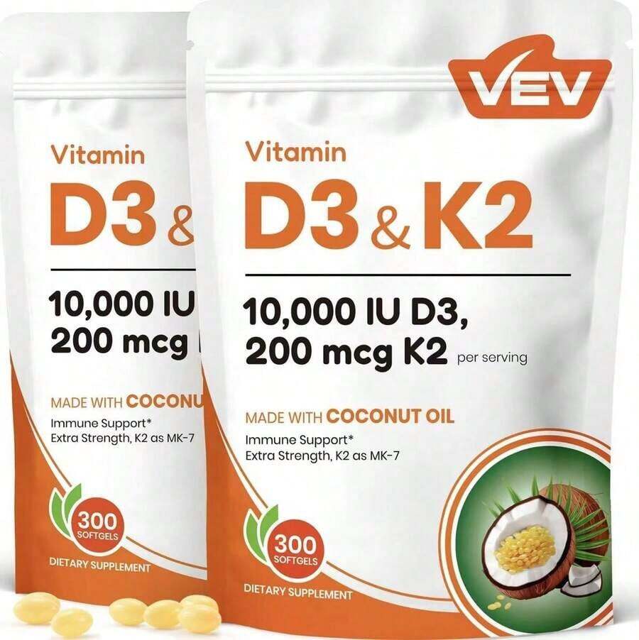 Selling Fast!VEV Vitamin D3 K2 10000 LU, 300 VirginCoconut Oil Softgels,2 In 1 Vitamins Supplement D & K. Women's Health. - 2 件商品 - 查看 1
