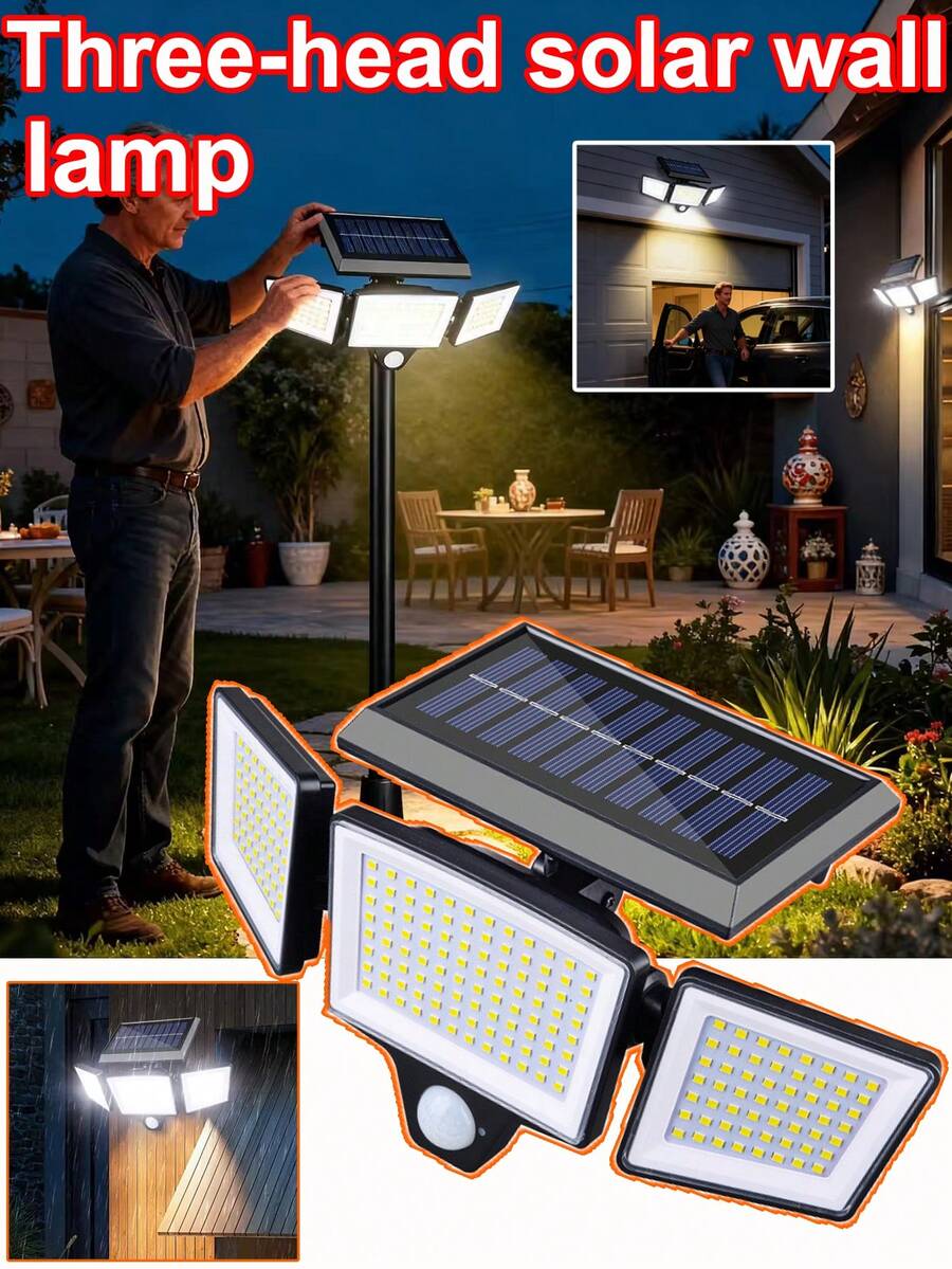 1pc 3-Head Solar Motion Sensor Lights, 180° Adjustable Outdoor LED Security Flood Light, Waterproof, Auto On/Off, For Yard, Garage, Patio, And Pathway - 黑色 - 查看 1