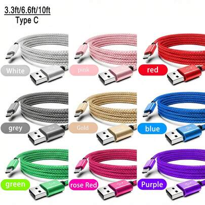 1pc Colorful Braided USB To Type-C Fast Charger Cable | Durable Nylon Material,Tangle-Free,Supports Data Synchronization And Fast Charging,Available In 8 Stylish Colors,Compatible With Android Phones,Power Banks And Other Devices