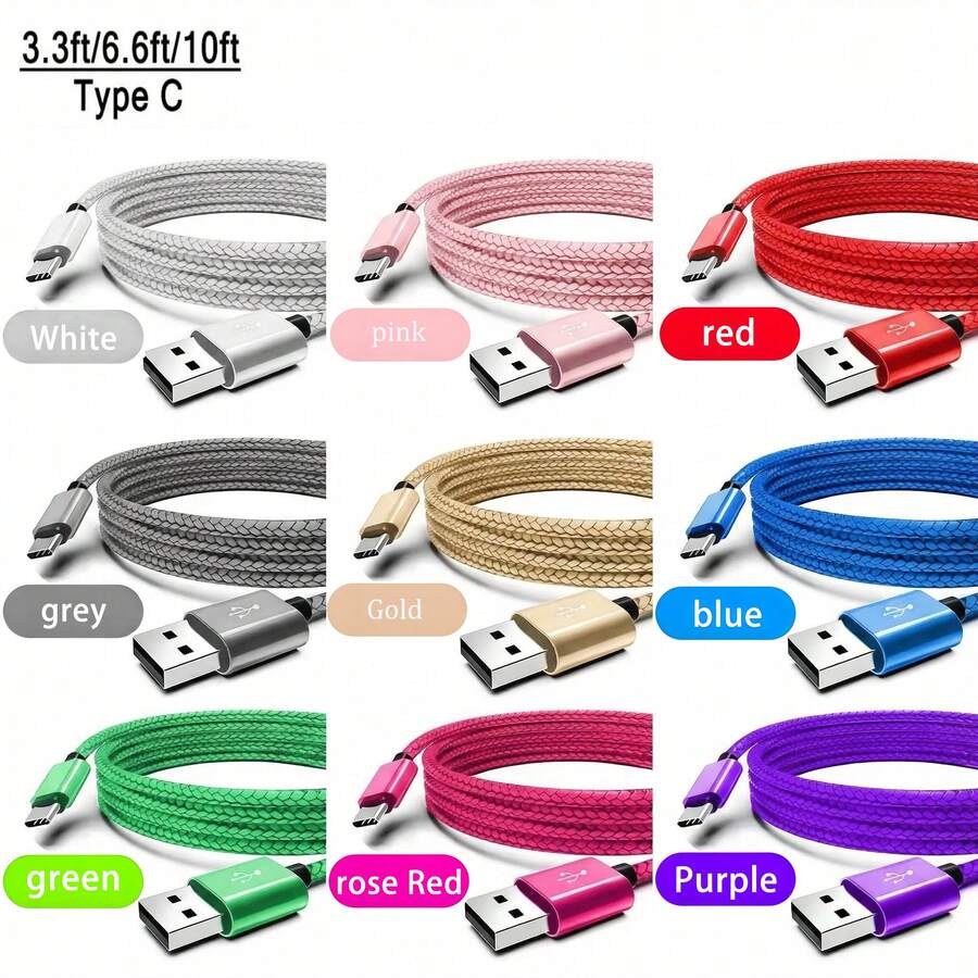 1pc Colorful Braided USB To Type-C Fast Charging Data Cable | Durable Nylon Material, Tangle-Free, Supports Data Sync And Rapid Charging, 8 Fashionable Color Options, Compatible With Android Phones, Power Banks And Other Devices - Multicolor - View 1