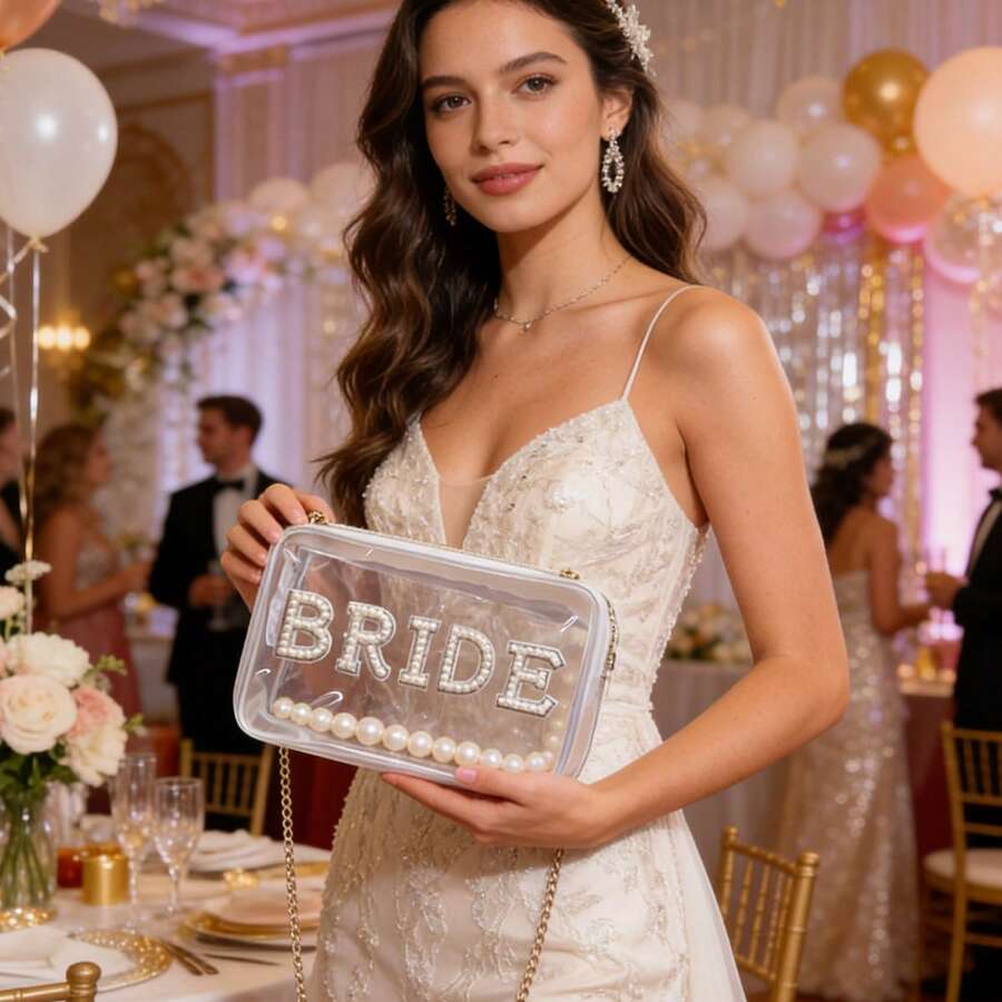 Túi đựng mỹ phẩm "BRIDE" đính ngọc trai giả, túi đựng đồ trang điểm trong suốt, túi đựng đồ du lịch chống thấm nước cho cô dâu, đồ dùng cho tiệc cưới, món quà cưới hoàn hảo. - Nhiều màu - Xem 1