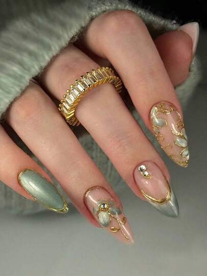 Y2K Floral Acrylic Nails 10Pcs Gold Medium Almond Shape Press On Nail Tips, DIY Art Green Cat Eye Fake Nail Set 3D, Adorned With Rhinestone Accessories. Suitable For Nail Salons, Women's Daily Wear, Festive Parties, And Gift-Giving.