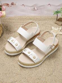 1 Pair Girls' Woven Wedge Sandals, Runs Small By 1 Size, Buckle Strap, Anti-Slip, Lightweight, Casual, Open Toe, Fashionable, Comfortable, Thick Sole, Suitable For Daily Wear And School In Summer - White - View 6