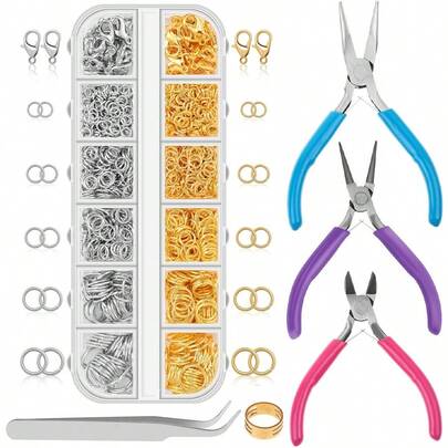 KLONKEE 珠宝制作开口圈配件、珠宝维修工具包、5种不同尺寸的开口圈、龙虾扣配件，包括930金/银开口圈、镊子、开口环和3种不同的珠宝钳，可用于DIY制作手链、项链、耳环等。