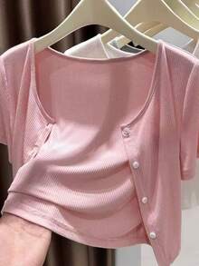 女士不对称纽扣针织开衫，长袖轻薄披肩领外套，黑色/白色/灰色/粉色可选，适合搭配连衣裙 - 羅紋披肩 - 查看 40