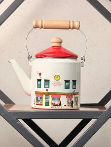 Vintage European Style + Architectural Painting Pattern/Bicolor Blue Lid + Cylindrical Body Shape + Wooden Heat-Resistant Handle + Even Heat Conduction/Large Capacity Water Storage + Retro Architectural Style Kettle + Suitable For Family Gatherings & Festivals, Afternoon Tea Preparation, Daily Kitchen Cooking - View 18