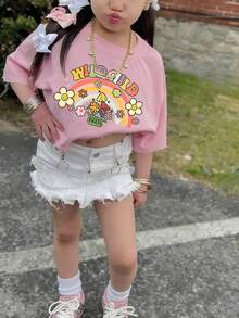 女婴休闲涂鸦英文字母印花圆领短袖可爱上衣 - 粉色 - 查看 6