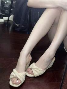清迈度假！夏季编织厚底凉鞋，新款法式穆勒高跟鞋，女士款 - 米色 - 查看 5