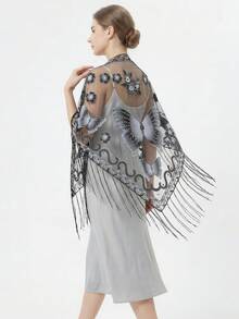 1pc Women's Lace Butterfly Rose Handmade Tassel Triangle Scarf, Fashionable And Elegant Ladies' Spring/Summer Versatile Floral Print Shawl, Lightweight Breathable Sunscreen Scarf/Headscarf - Multicolor - View 1