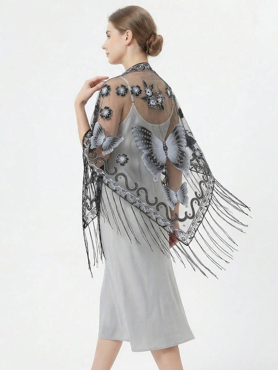 1pc Women's Lace Butterfly Rose Handmade Tassel Triangle Scarf, Fashionable And Elegant Ladies' Spring/Summer Versatile Floral Print Shawl, Lightweight Breathable Sunscreen Scarf/Headscarf - Multicolor - View 1