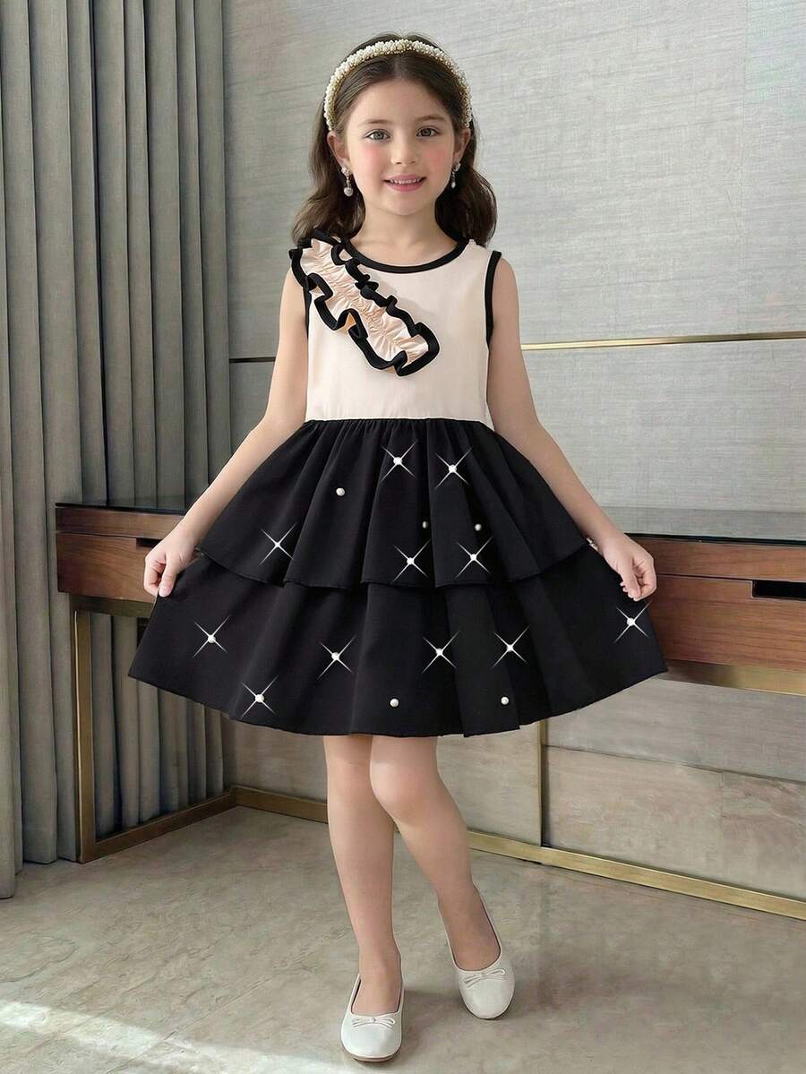 Girls' Summer Ruched Beaded Cake Dress, Sleeveless Elegant Princess Dress For Toddler - Black - View 1