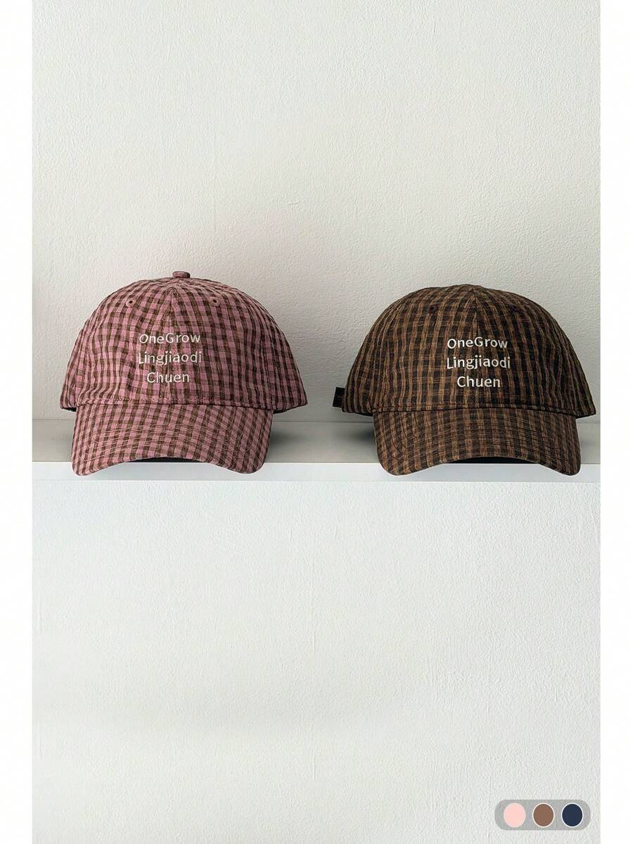 Plaid Letter Embroidered Soft Top Baseball Cap, Unisex Versatile Sun Protection Casual Peaked Cap, Spring/Summer - One Bubble Check - View 1