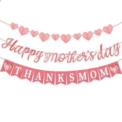 1set Mother's Day "Happy Mother's Day" Three Pieces Banner Set, Grateful Mom Party Decoration Dessert Table Background Decoration, Warm Parent Child Gathering Creative Mother's Day Atmosphere Props