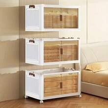 Caja de almacenamiento apilable grande con tapa y ruedas, caja de almacenamiento plegable, de plástico con puerta, adecuada para armarios, hogares y oficinas, puede almacenar ropa, bocadillos, juguetes y libros. - Blanco de tres capas - Ver 7