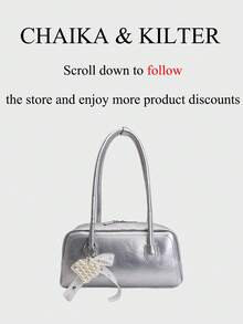 CHAIKA & KILTER 1件装纯色PU材质单肩包，复古时尚哑光保龄球包，撞色缝线，双提手，拉链封口，适合日常和户外使用（附赠吊坠） - 銀色 - 查看 3