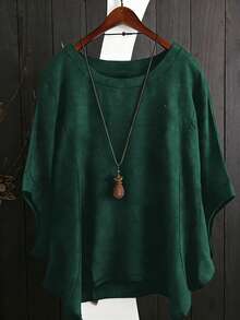 Solid Color Loose Linen Asymmetric Hem T-Shirt, Loose 3/4 Sleeve Round Neck Top, Relaxed Fit Slimming Design, Loose Batwing Sleeve Unique Top, Suitable For Commuting And Casual Wear Summer - Dark Green - View 6