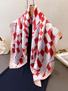 1pc 65*65cm Square Scarf, Women's Satin Silk Imitation Wavy Checkerboard Print, Versatile Neckerchief Headband Shawl - Multicolor - View 16