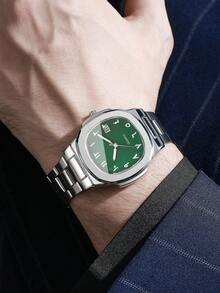 1pc Men's Fashion Minimalist Square Dial Calendar Stainless Steel Quartz Wrist Watch, Business Style (Watch Box Not Included) - Silver - View 3